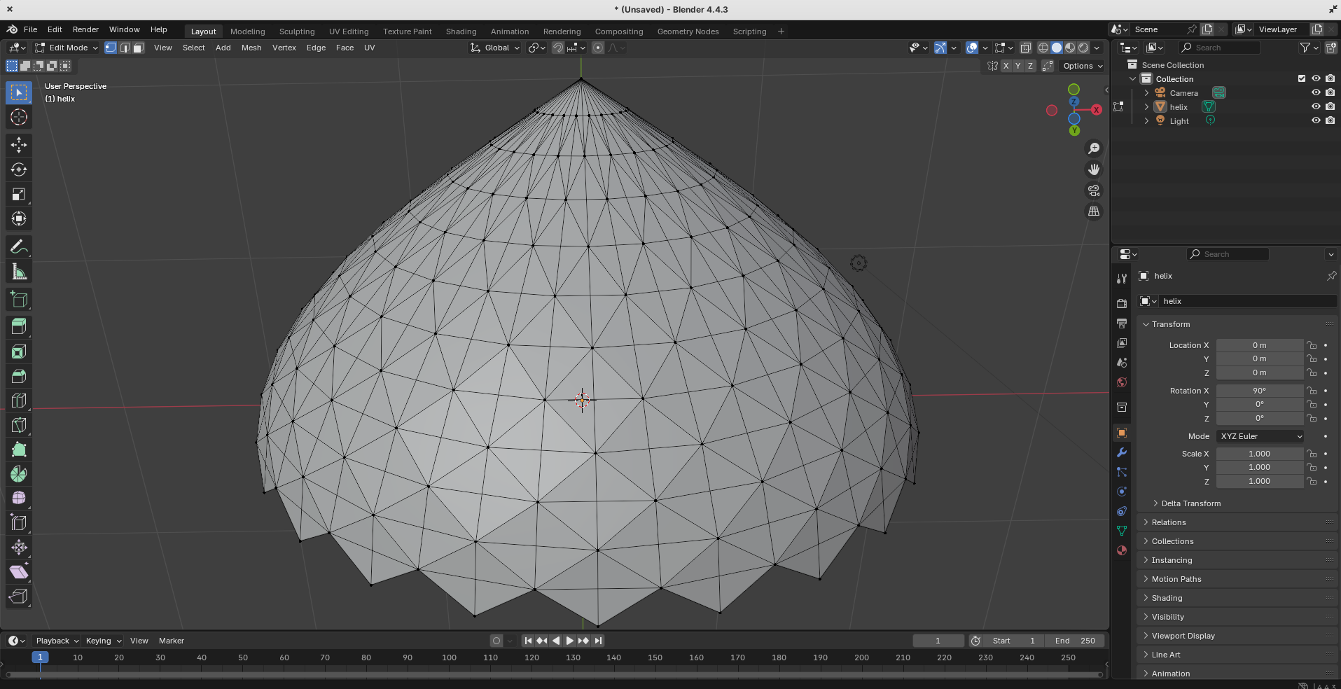 Program helix.py generiše spiralnu kupolu i čuva u obj fajlu. Na slici je prikaz tog obj fajla u Blenderu